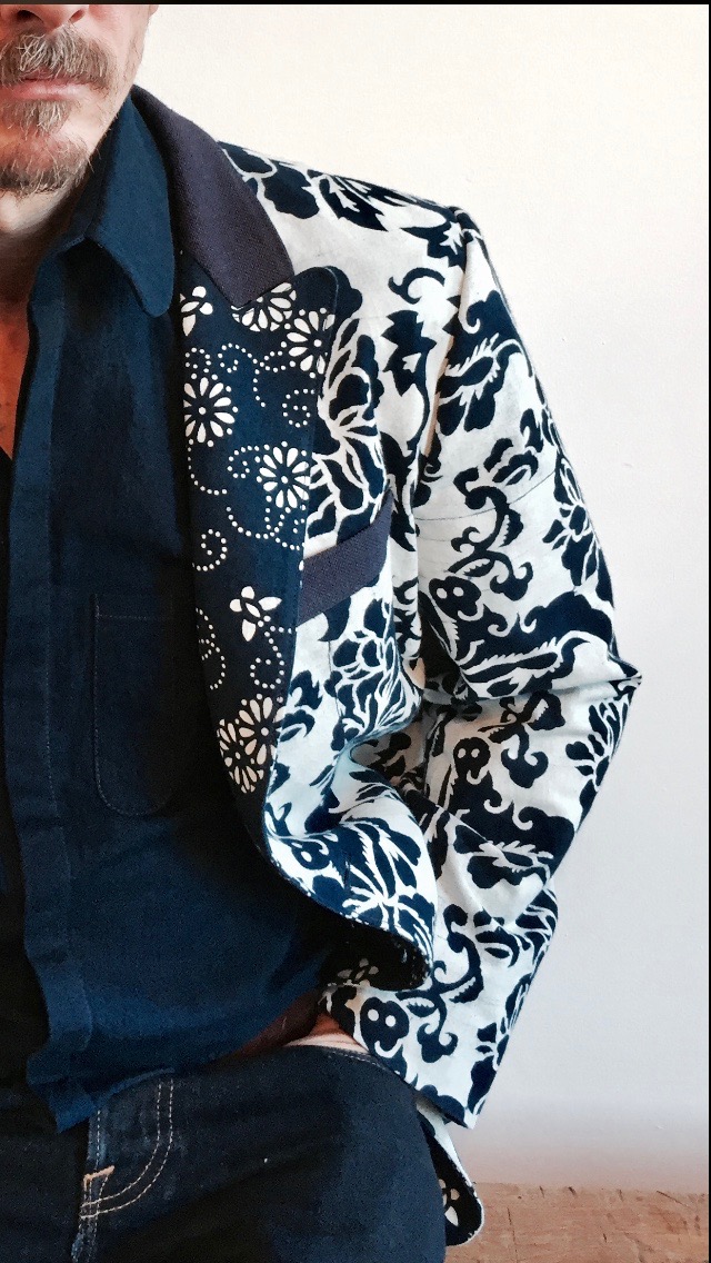 Floral indigo tailored jacket, styled with solid indigo shirt. Ethically made mens fashion