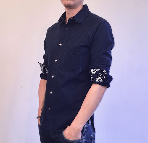 Solid indigo shirt, styled with rolled sleeves. Casual indigo mens shirt