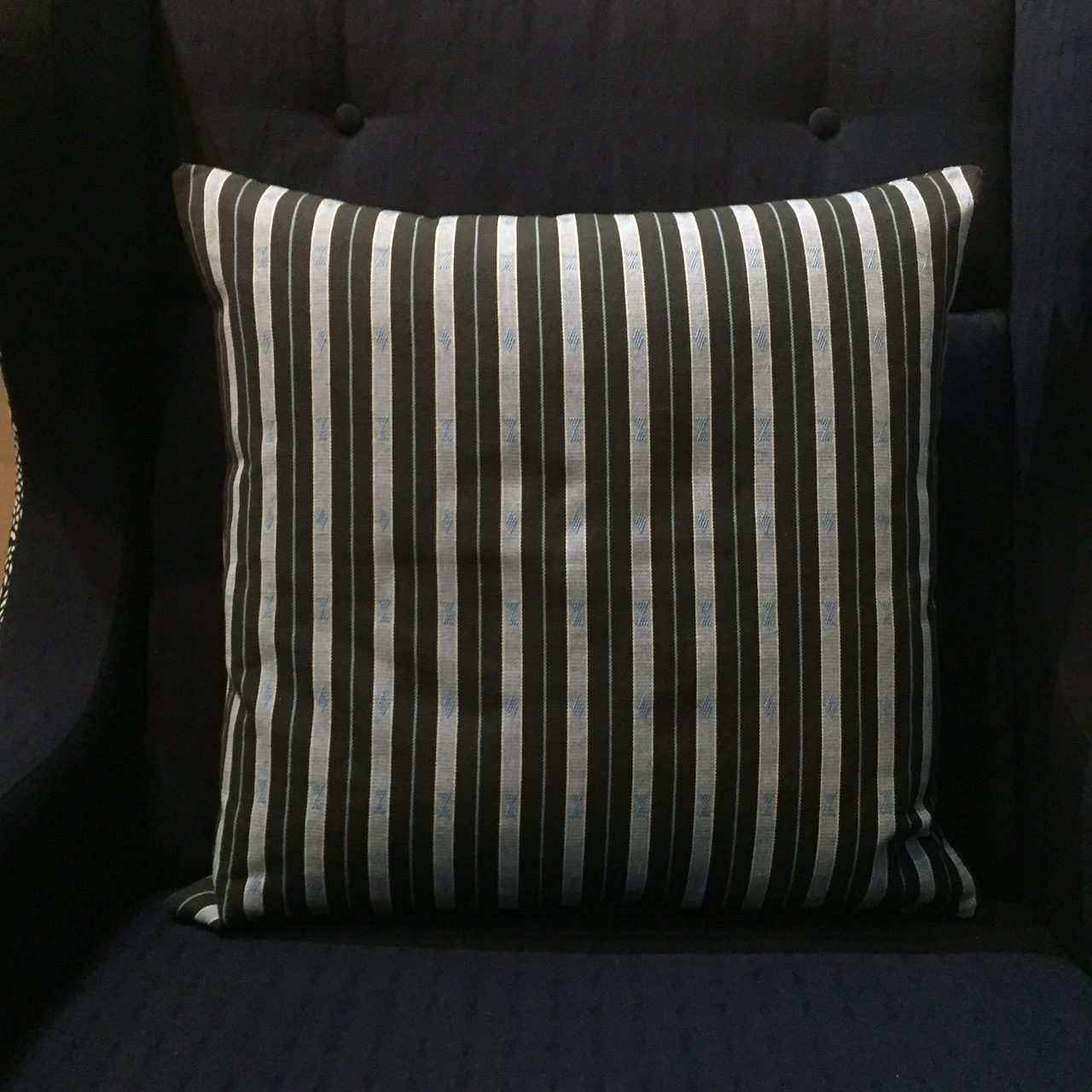 Philippine hand loomed fabric with striped blue and grey mortar and pestle tribal pattern hand loomed artisan hand made woven traditional tribal fabric textile stipe cushion home decoration interior design