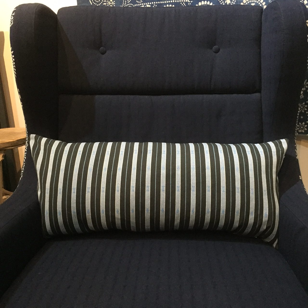 Philippine hand loomed fabric with striped blue and grey mortar and pestle tribal pattern hand loomed artisan hand made woven traditional tribal fabric textile stipe cushion home decoration interior design