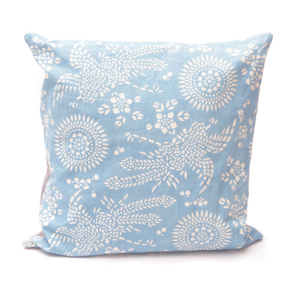 Light indigo dyed cushion with a traditional phoenix and peony pattern Light blue indigo dyed cushion traditional sustainable ethical home decoration accessories