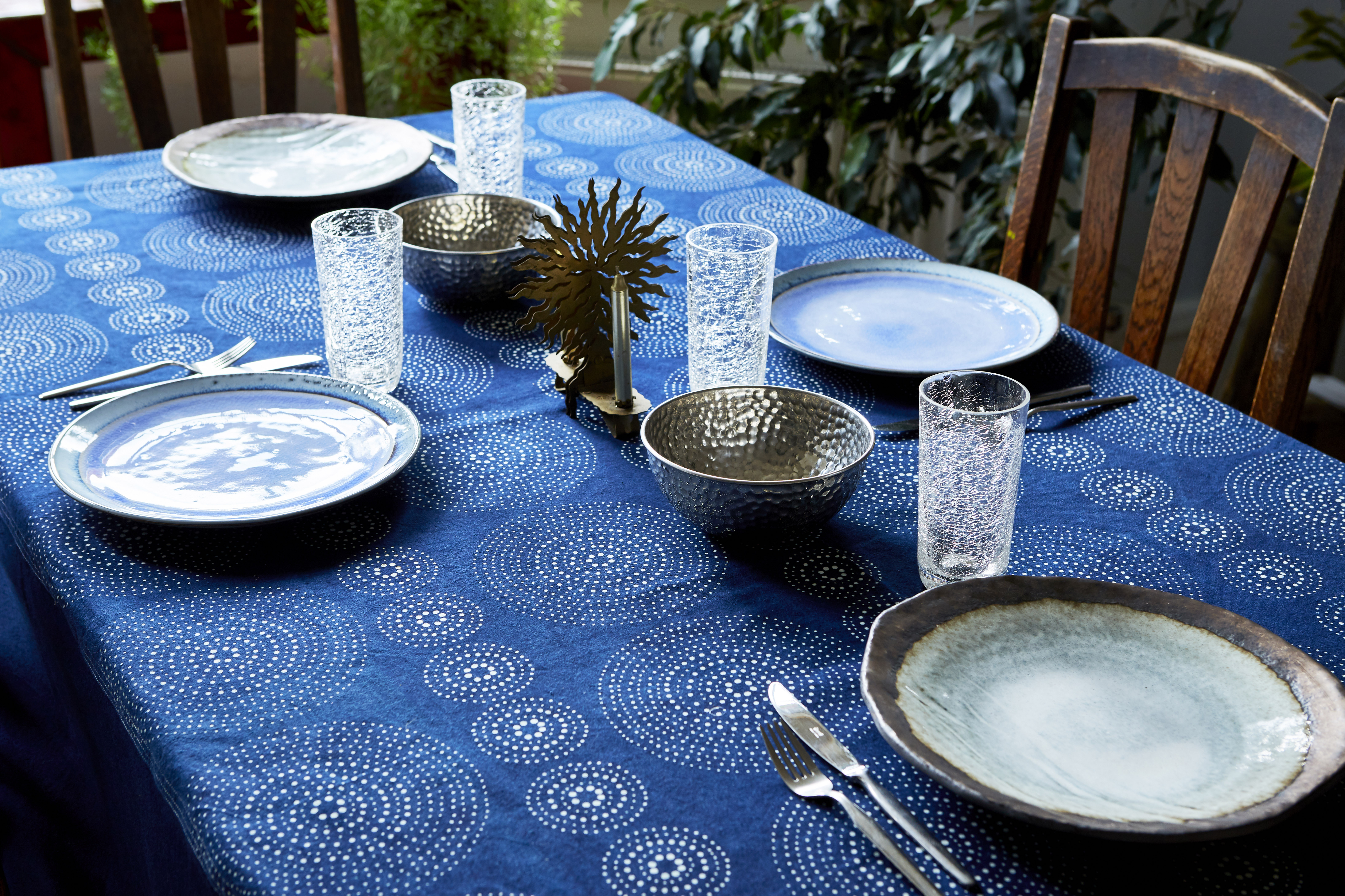 Artist collaboration Alister Shapley Twelve table cloth table linen cotton indigo artisanal hand made natural sustainable ethical living artist collaboration Alister Shapley London artist home decoration fabric textile blue and white mid century modern geometric pattern