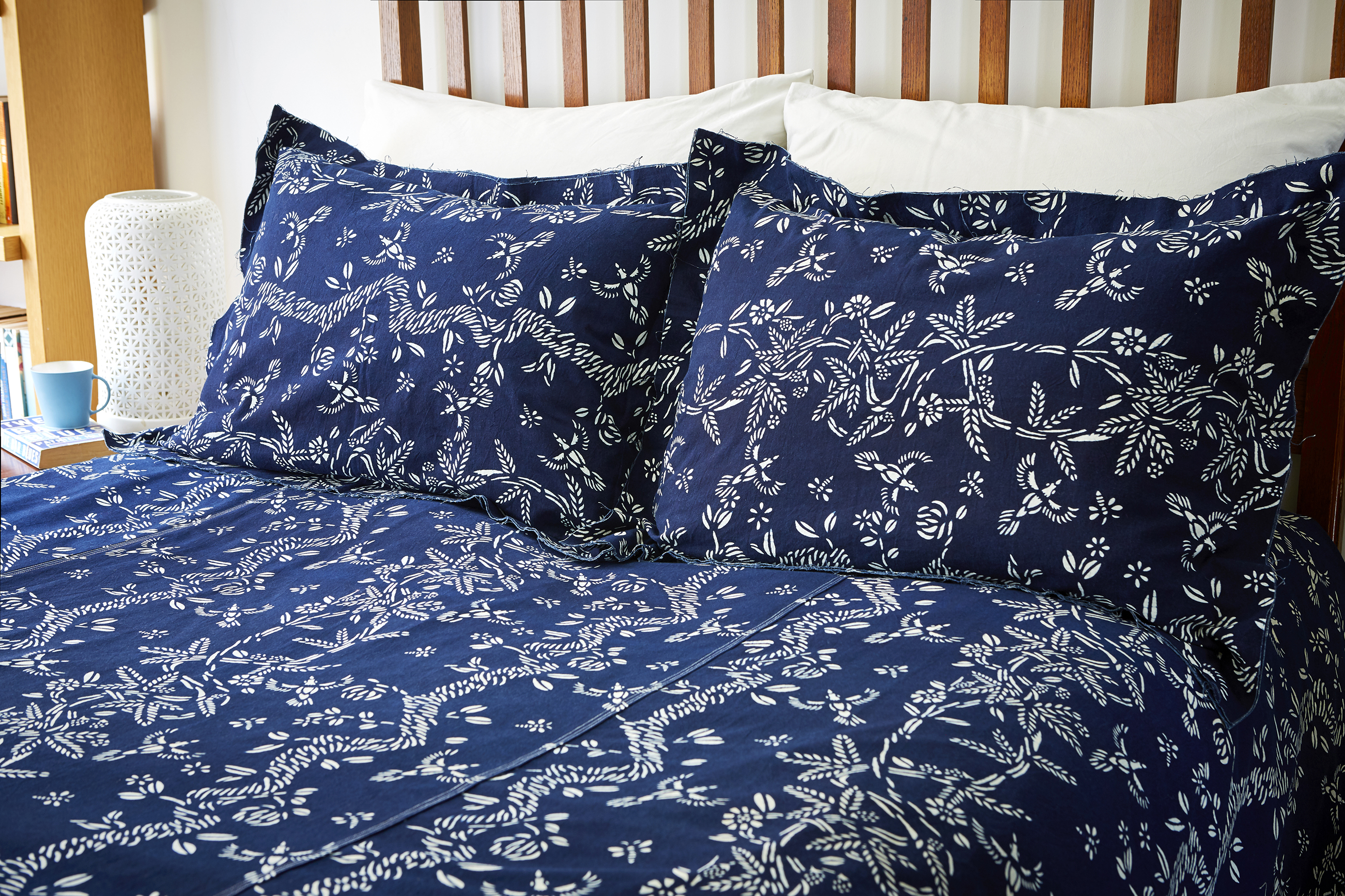 Alexandra McKenzie artist collaboration London designed pattern textile fabric Alexandra McKenzie artist collaboration London designed blue and white flora fauna nature handmade artisanal pattern