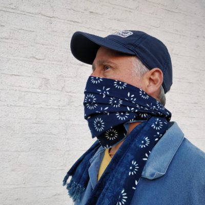 Natural hand dyed indigo cotton face scarf in daisy floral pattern