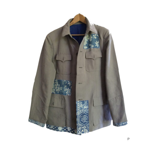 vintage mao jacket with indigo patches