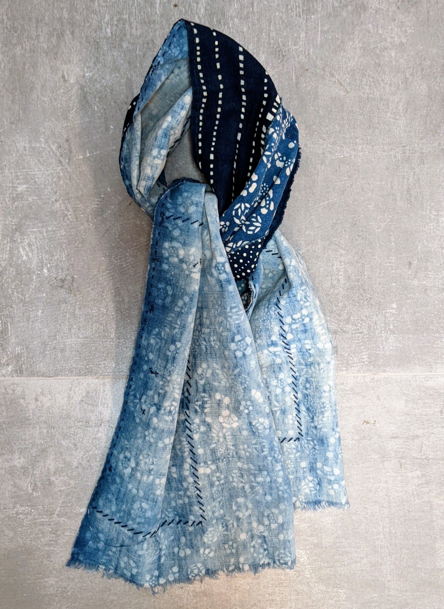 vintage indigo katazome cloths scarf hand stitched boro patches
