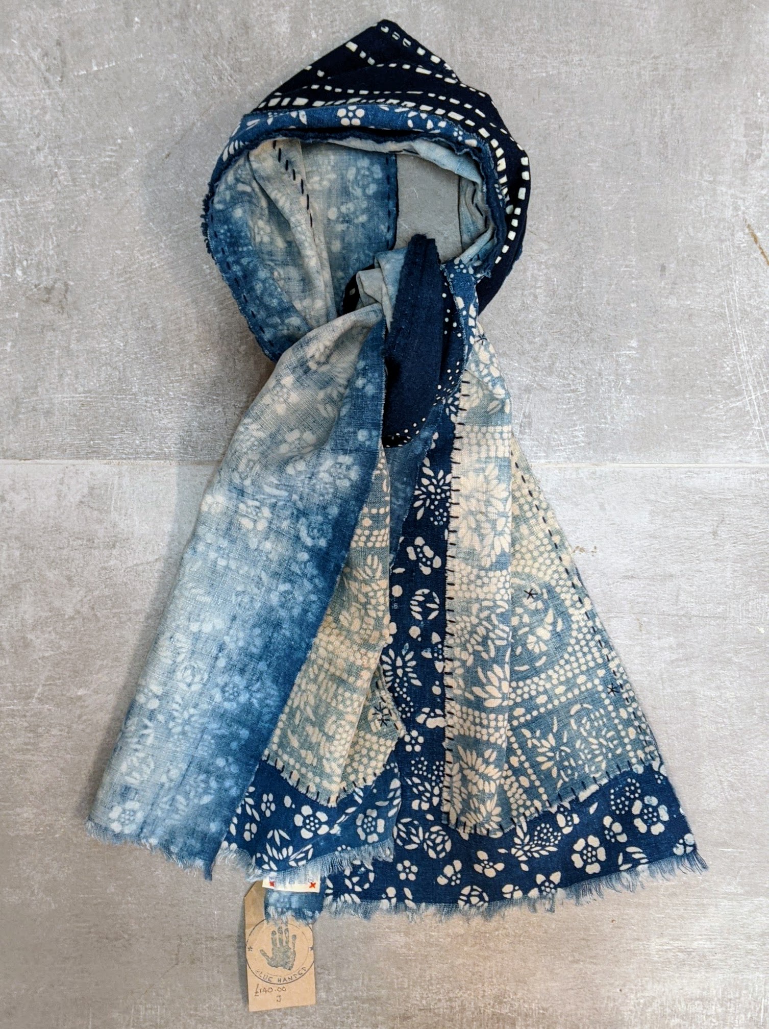 vintage indigo katazome patched boro cloth scarf