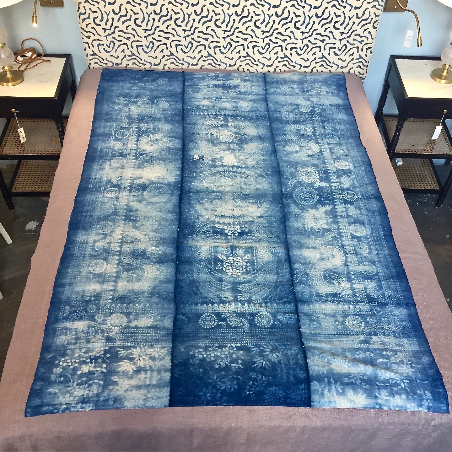 Bedspread B Reverse Antique Indigo with Putty Linen Base Antique indigo and linen bedspread